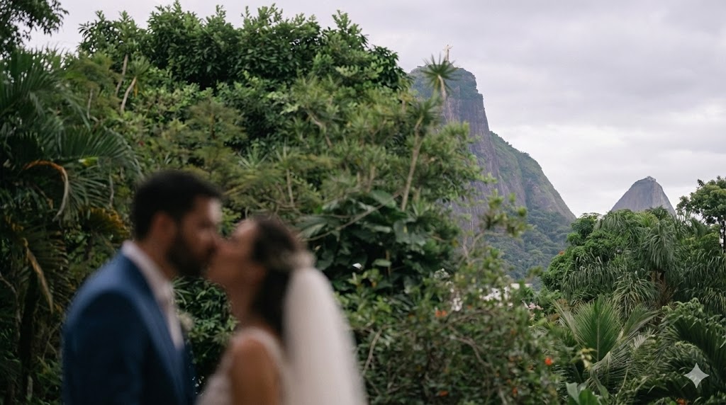 Casal se beijando com Cristo ao fundo
